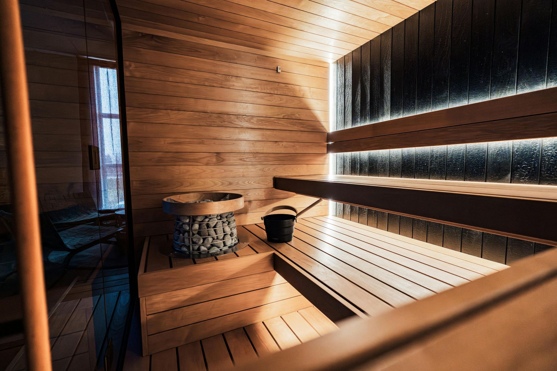 Architectural home sanctuary featuring precision-engineered wooden sauna panels and professional-grade thermal heating equipment.