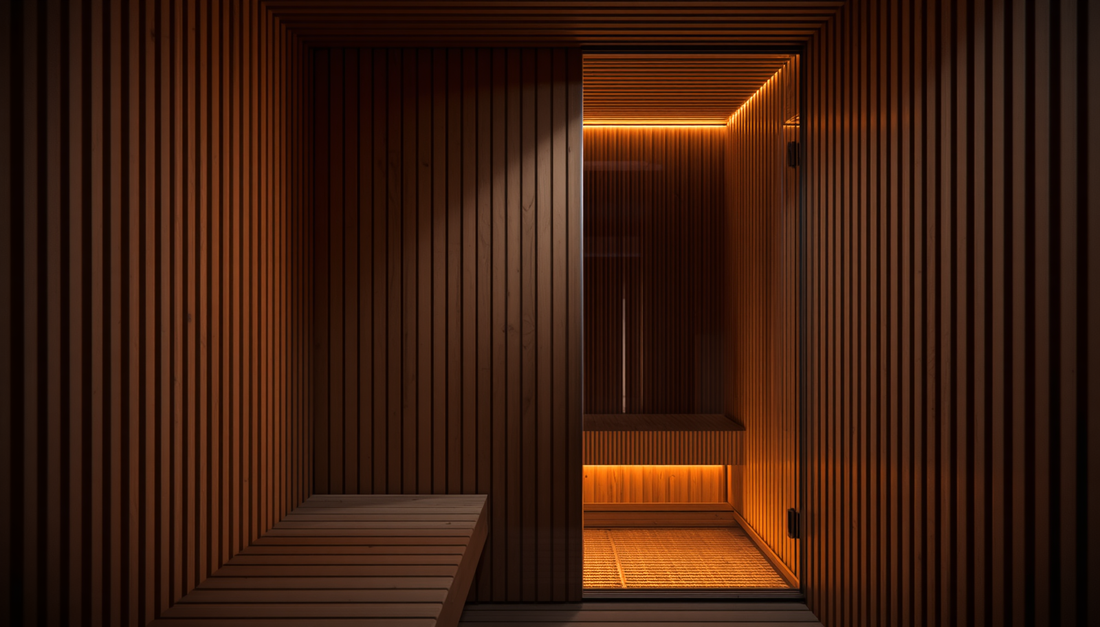Minimalist architectural interior of a Lume & Timber infrared sauna featuring vertical Canadian Hemlock wood slats, a tempered glass door, and a warm, ambient thermal glow.