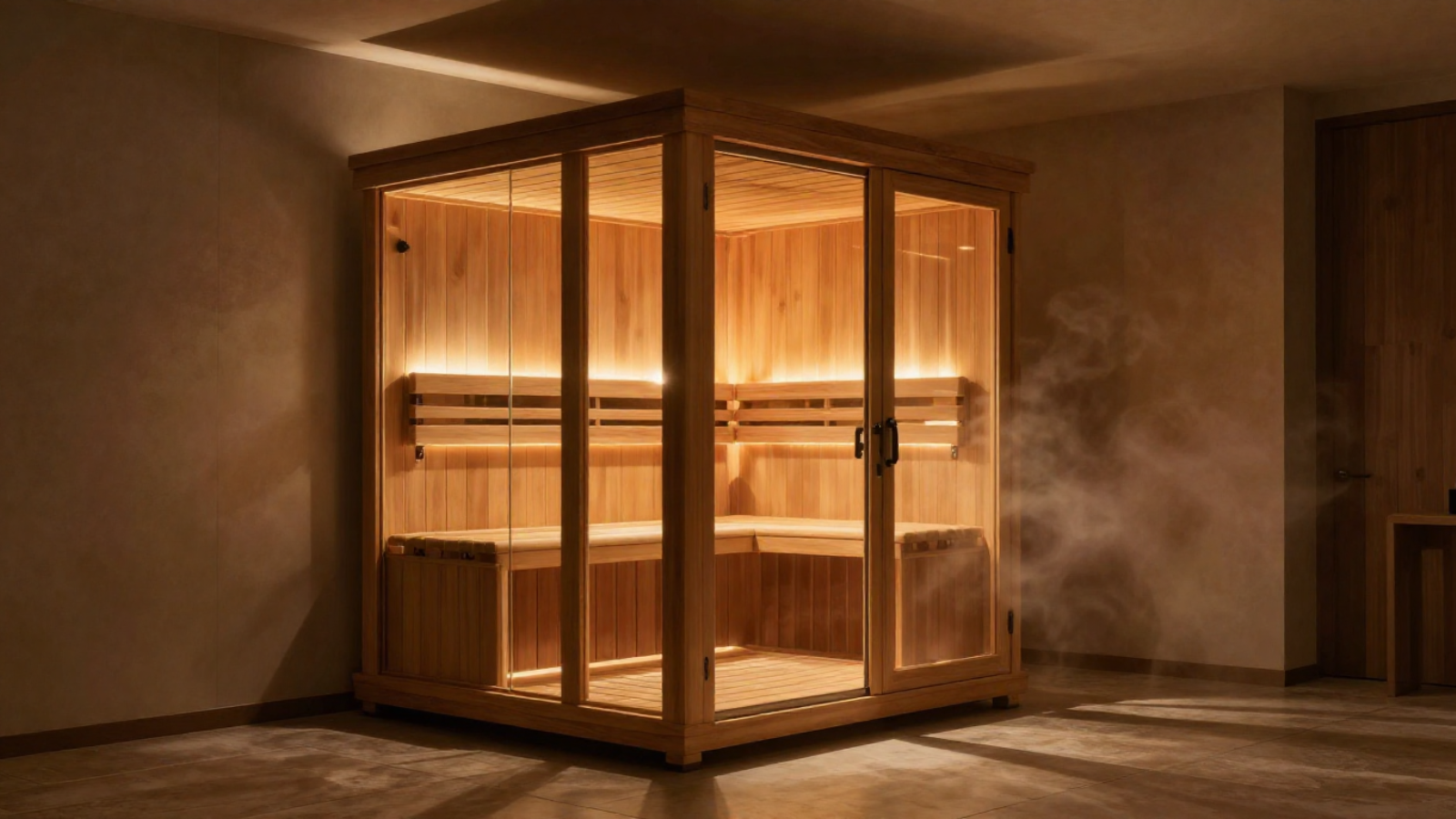 Luxury infrared cedar sauna in a warm, minimalist spa setting with golden lighting and soft steam.
