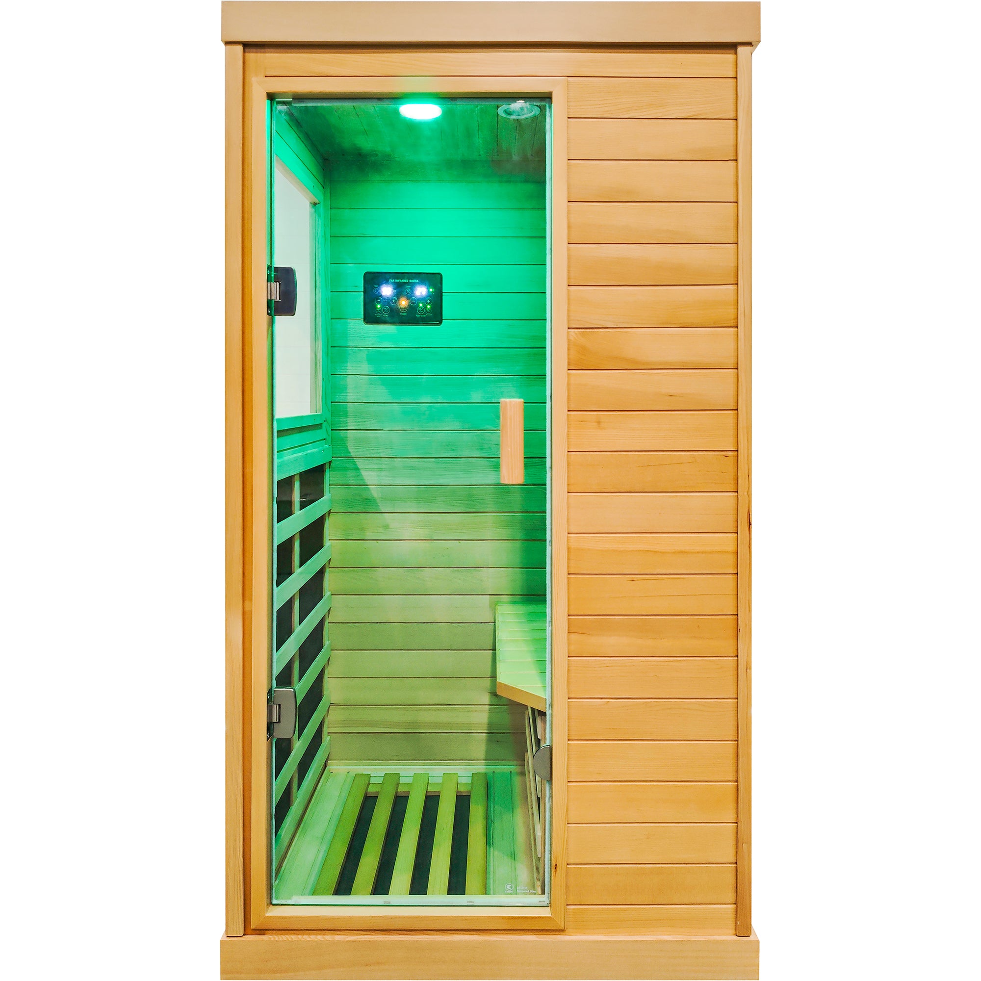 Aurora Standard‑S Solo 1‑person infrared sanctuary made of hemlock with tempered glass door