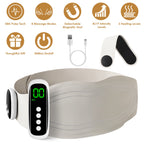 Cordless EMS lower back massager with heat, magnetic host, and adjustable strap shown in white and gray.