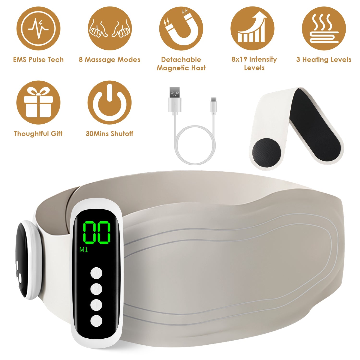Cordless EMS lower back massager with heat, magnetic host, and adjustable strap shown in white and gray.