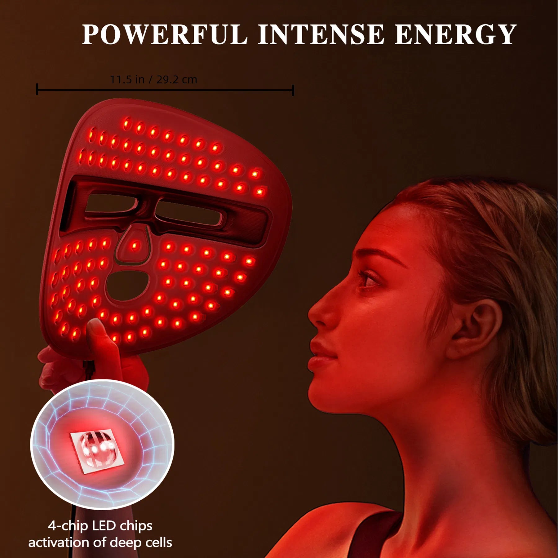 Red light therapy mask with full‑face LED coverage, adjustable strap, and rechargeable multi‑LED system.