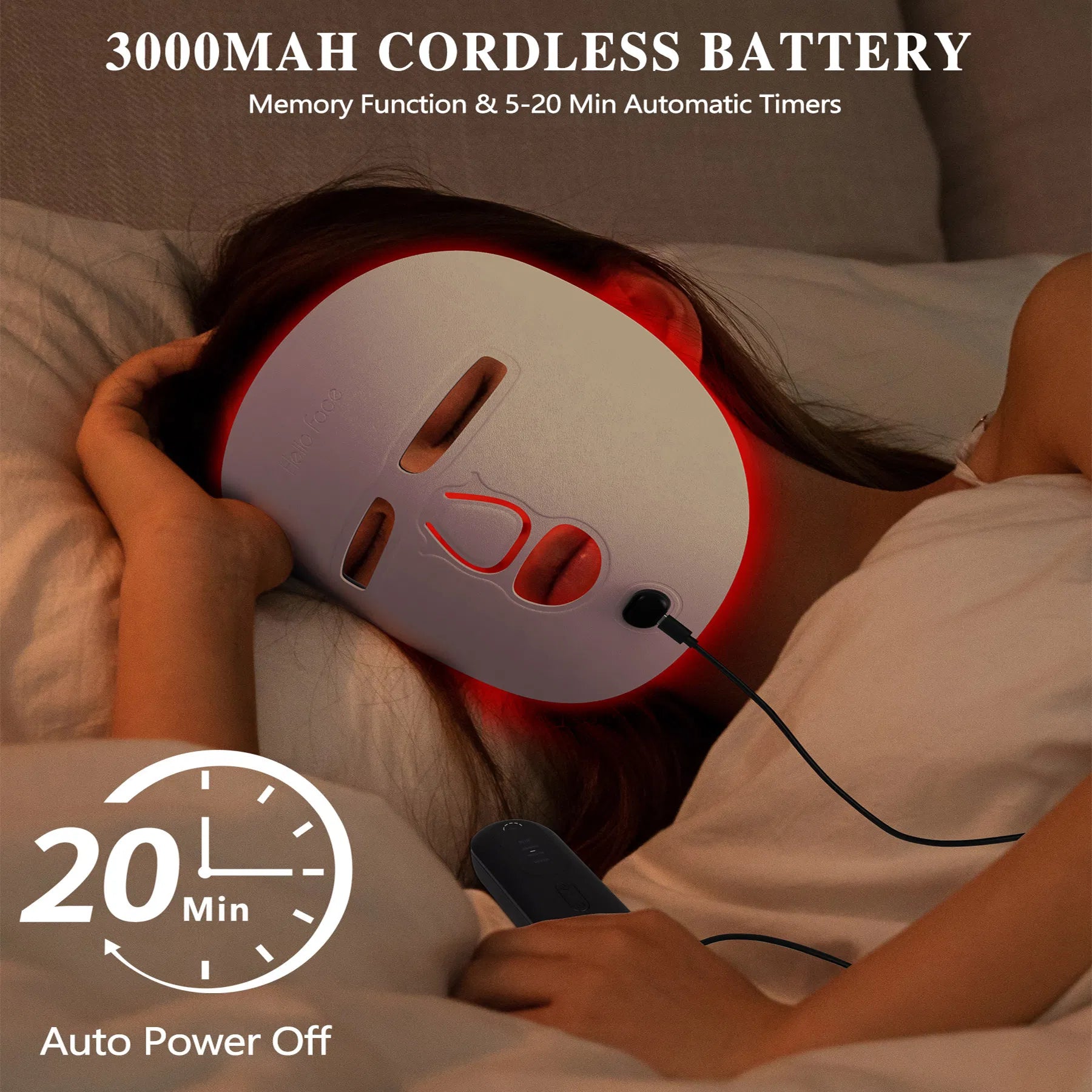 Red light therapy mask with full‑face LED coverage, adjustable strap, and rechargeable multi‑LED system.