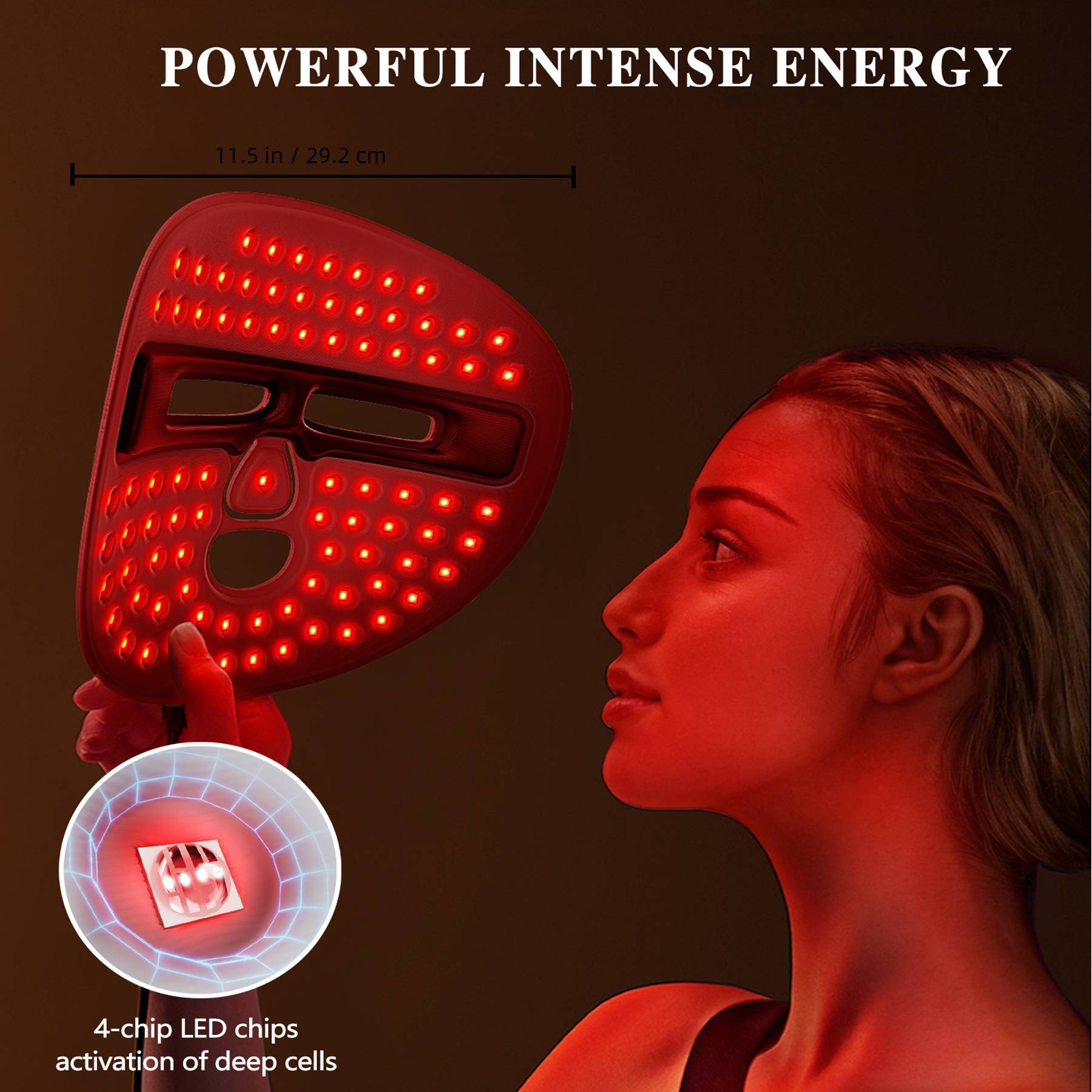 LED red light therapy face mask with even LED distribution, adjustable strap, and USB power.