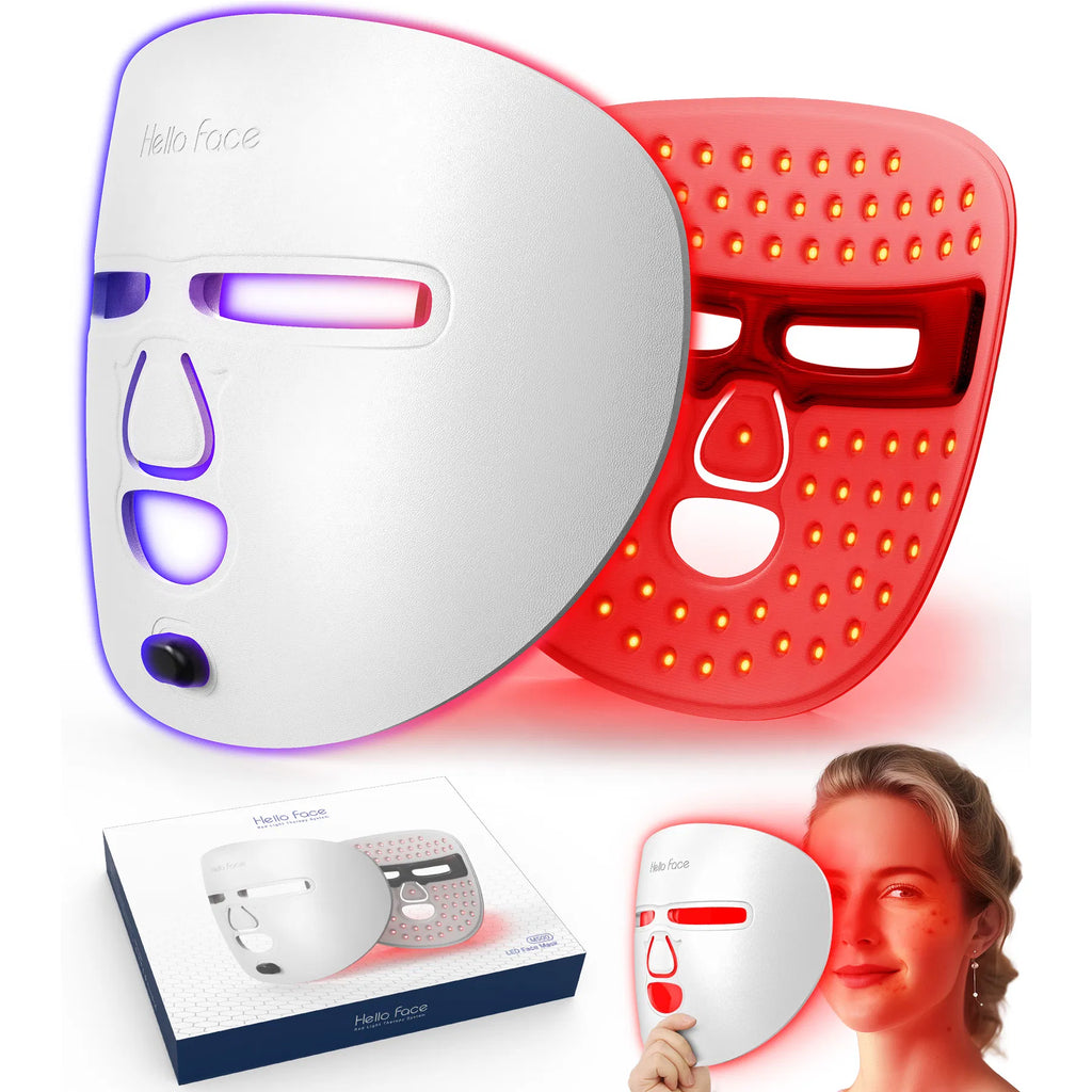 Red light therapy mask with full‑face LED coverage, adjustable strap, and rechargeable multi‑LED system.