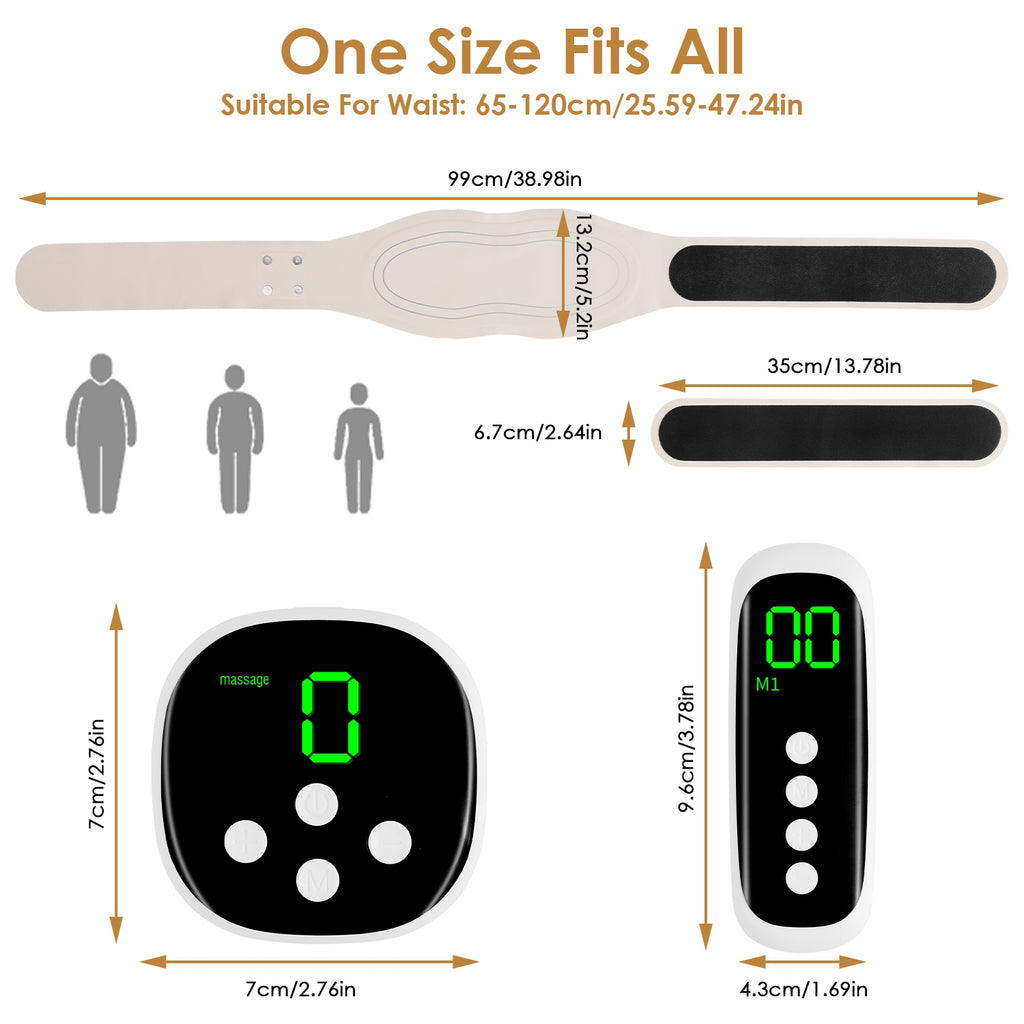 Cordless EMS lower back massager with heat, magnetic host, and adjustable strap shown in white and gray.