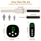 Cordless EMS lower back massager with heat, magnetic host, and adjustable strap shown in white and gray.