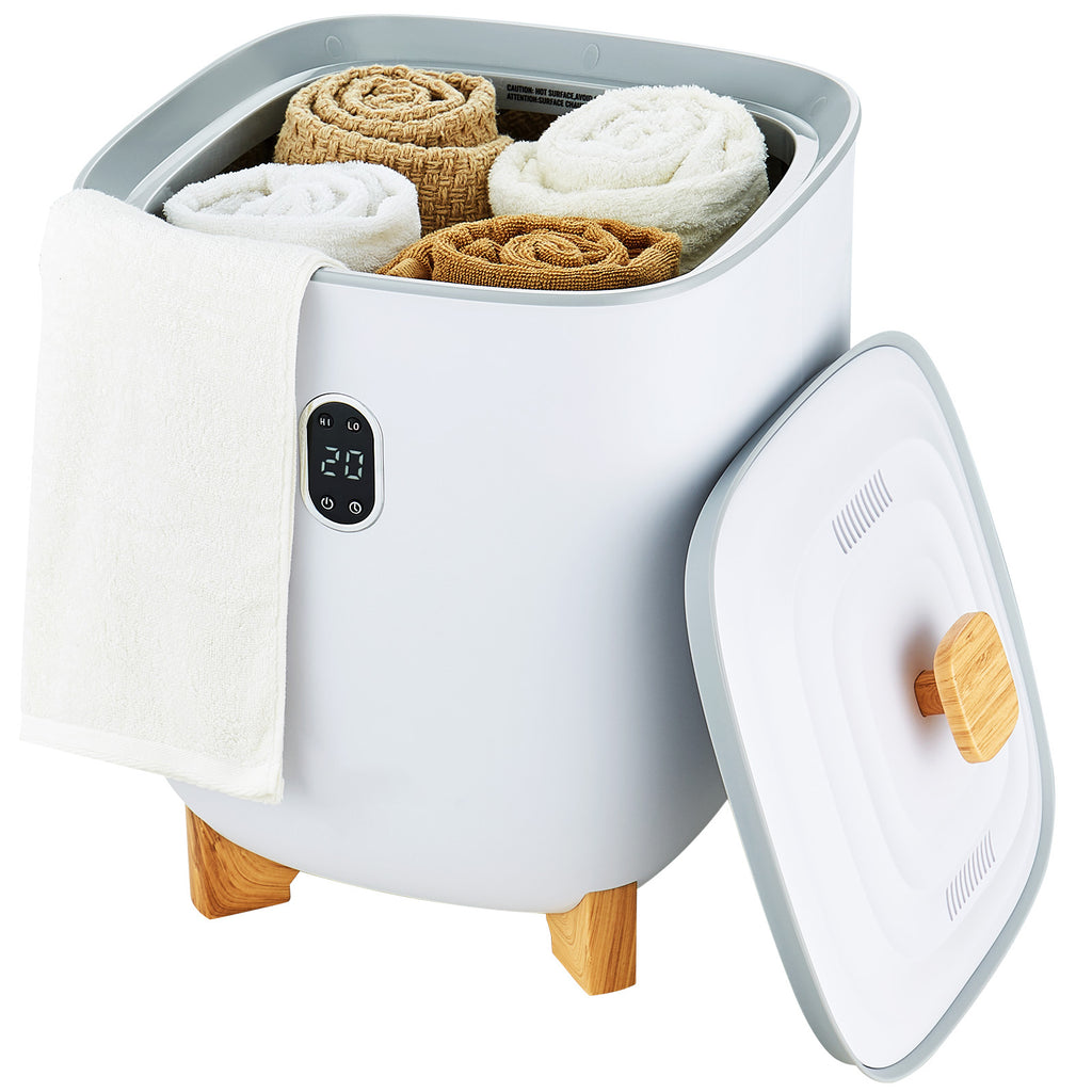 25L electric towel warmer with modern design, shown with towels placed inside for home or spa use.