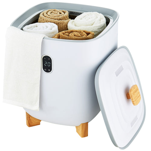 25L electric towel warmer with modern design, shown with towels placed inside for home or spa use.