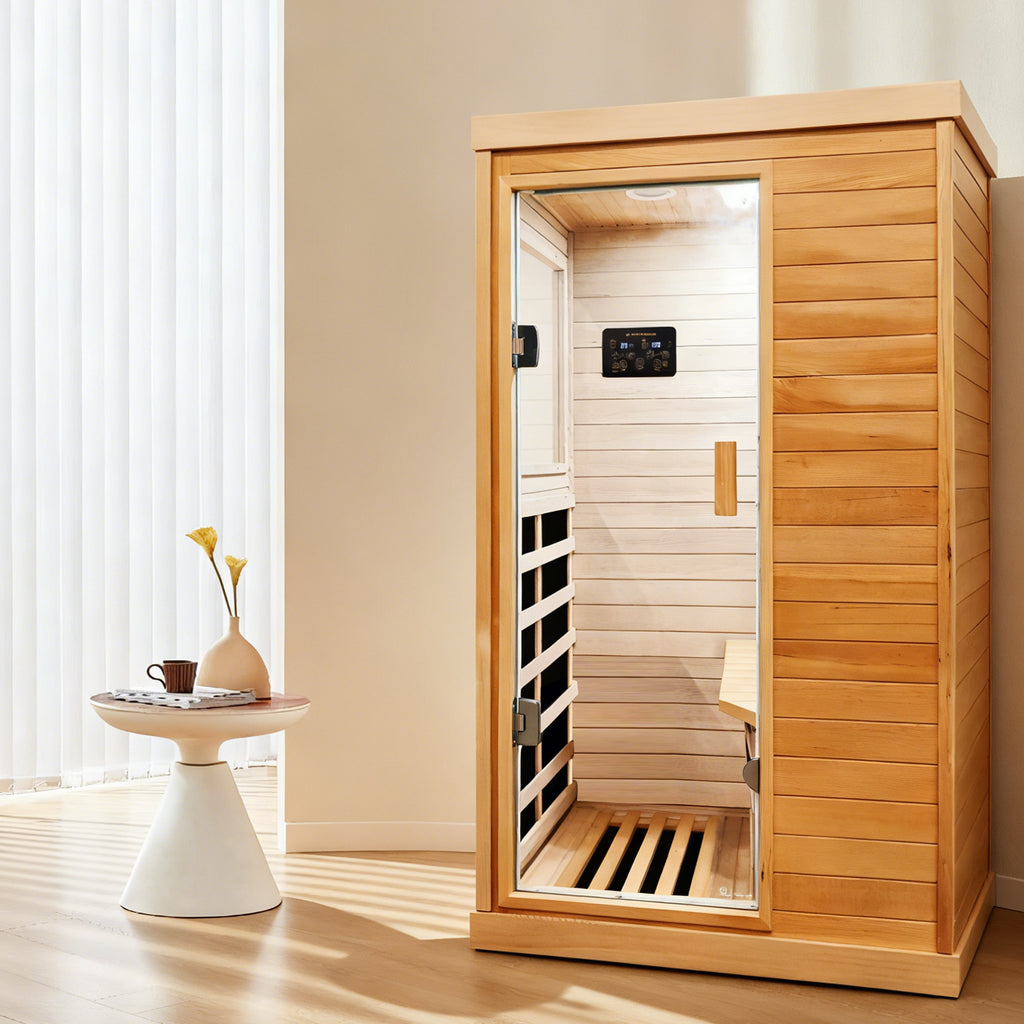 Aurora Standard‑S Solo 1‑person infrared sanctuary made of hemlock with tempered glass door