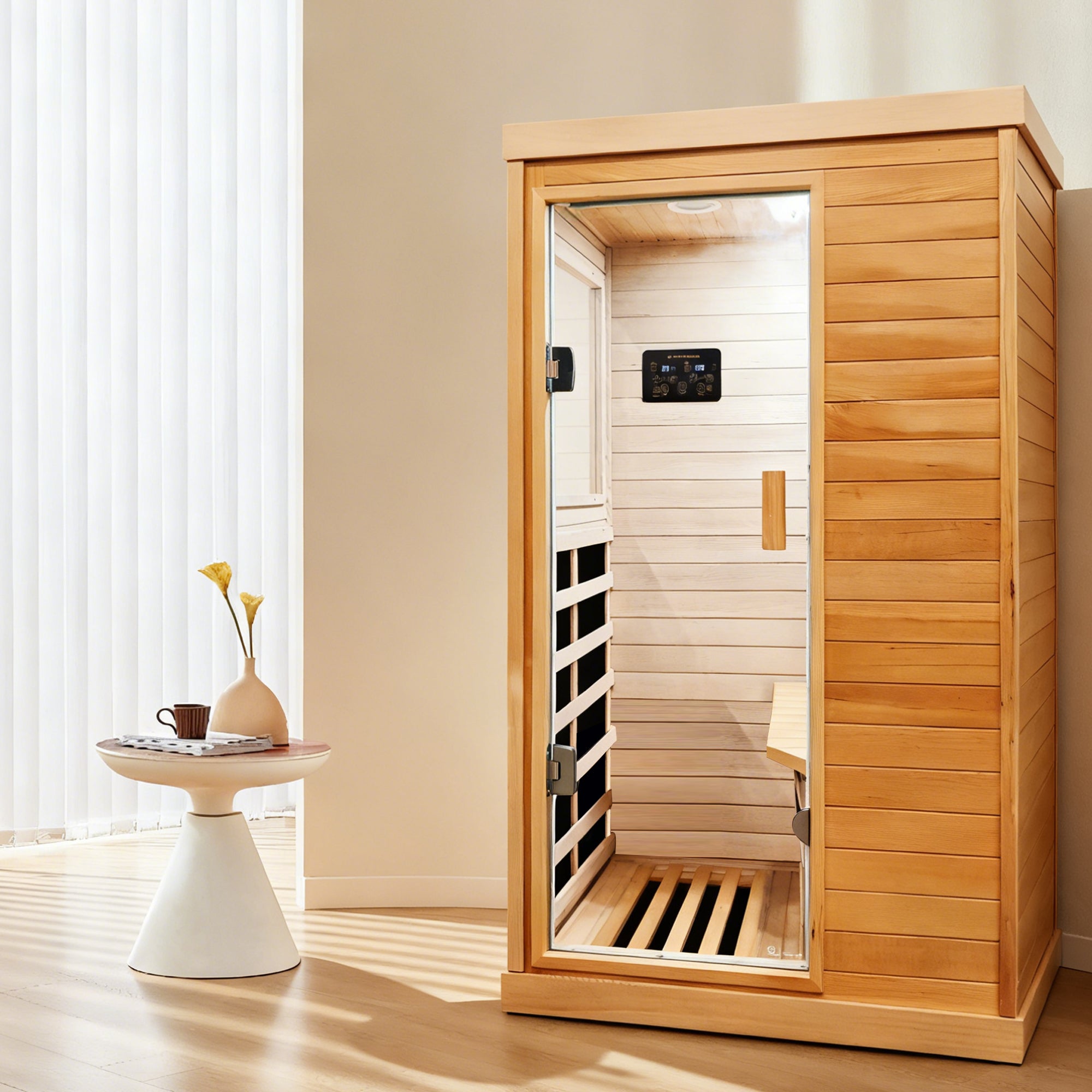 Aurora Standard‑S Solo 1‑person infrared sanctuary made of hemlock with tempered glass door