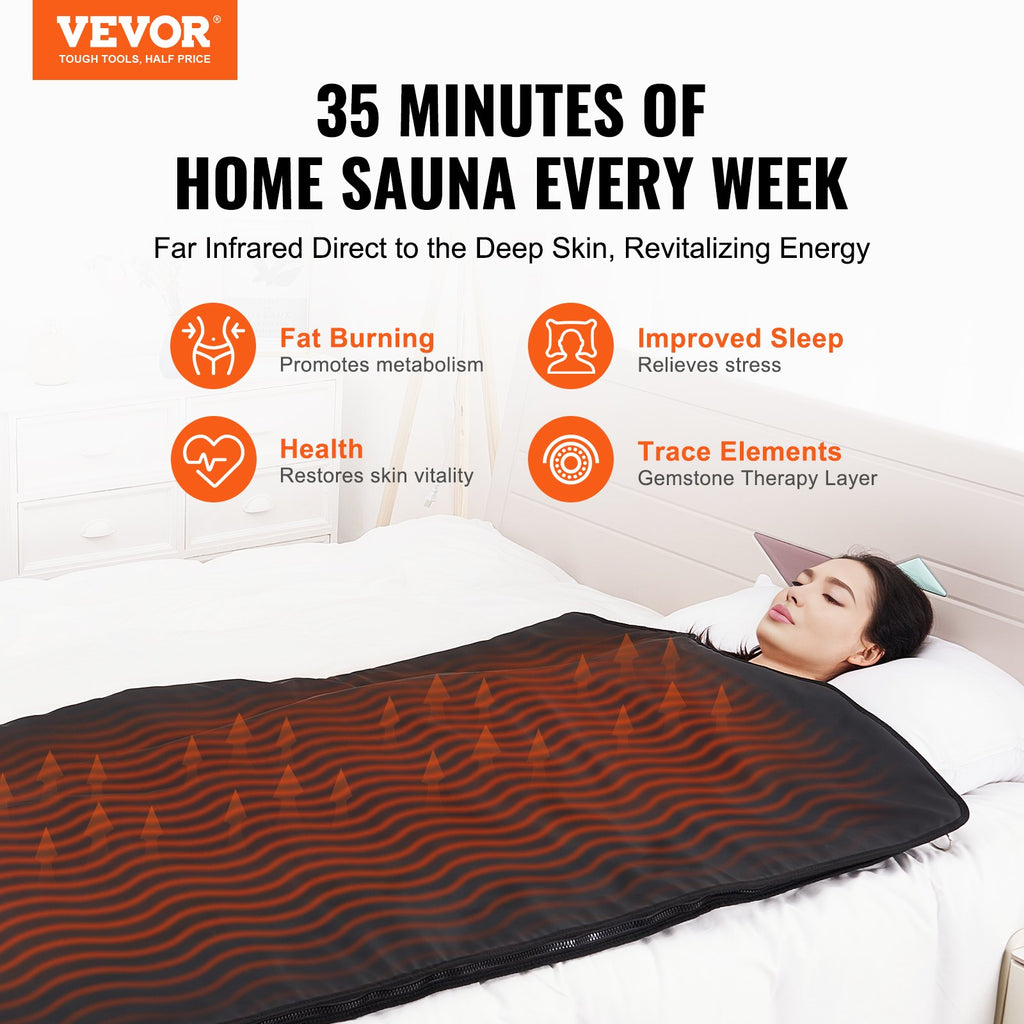 Portable infrared sauna blanket in gray with full‑length wrap design and adjustable heat controller.