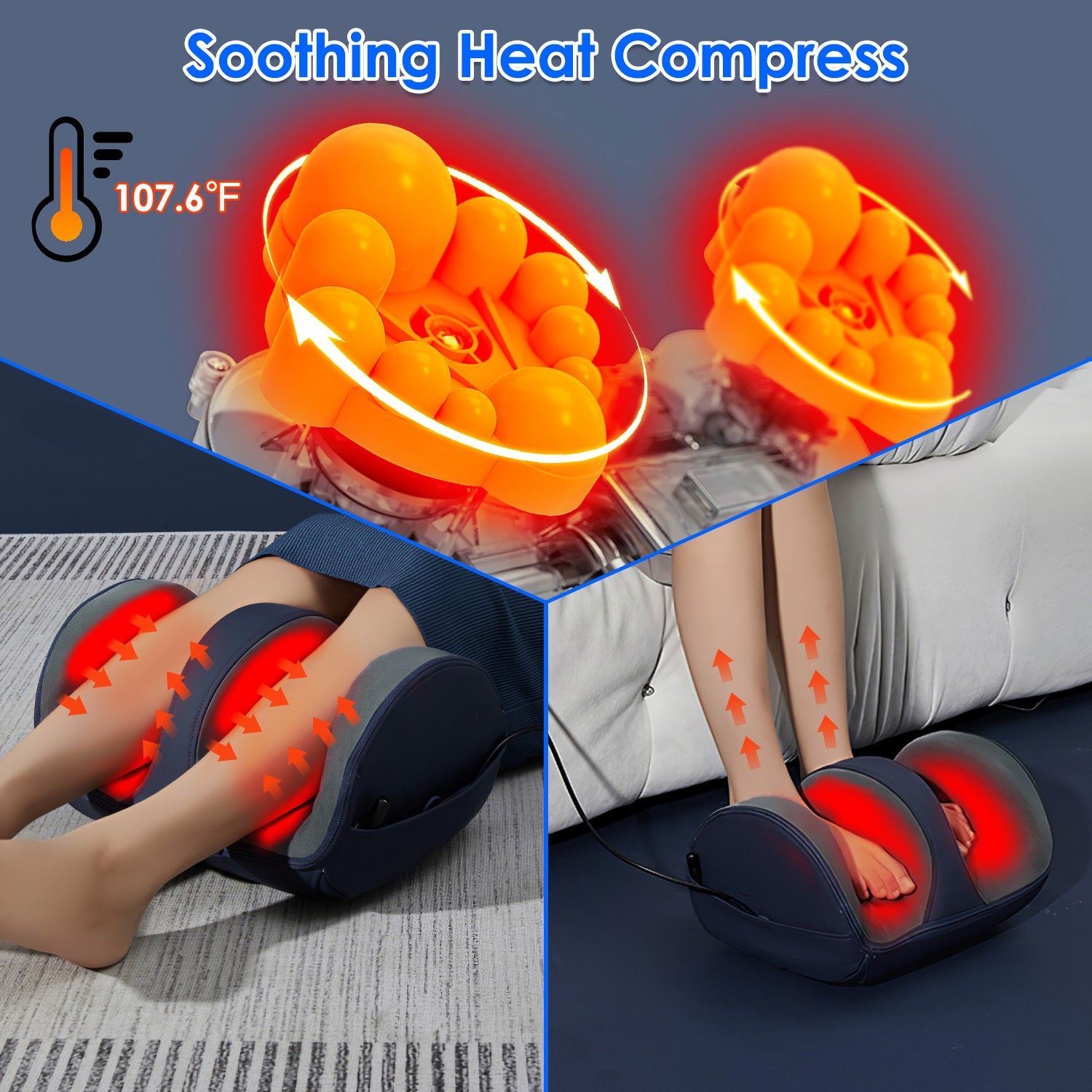 Shiatsu foot and calf massager with heat, enclosed chamber design, and digital controls in a modern home setting.