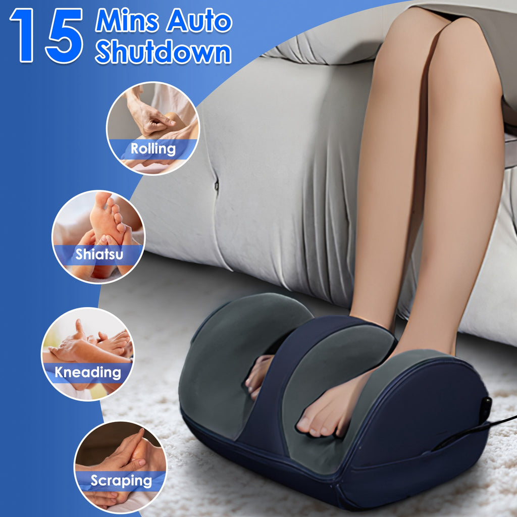 Shiatsu foot and calf massager with heat, enclosed chamber design, and digital controls in a modern home setting.