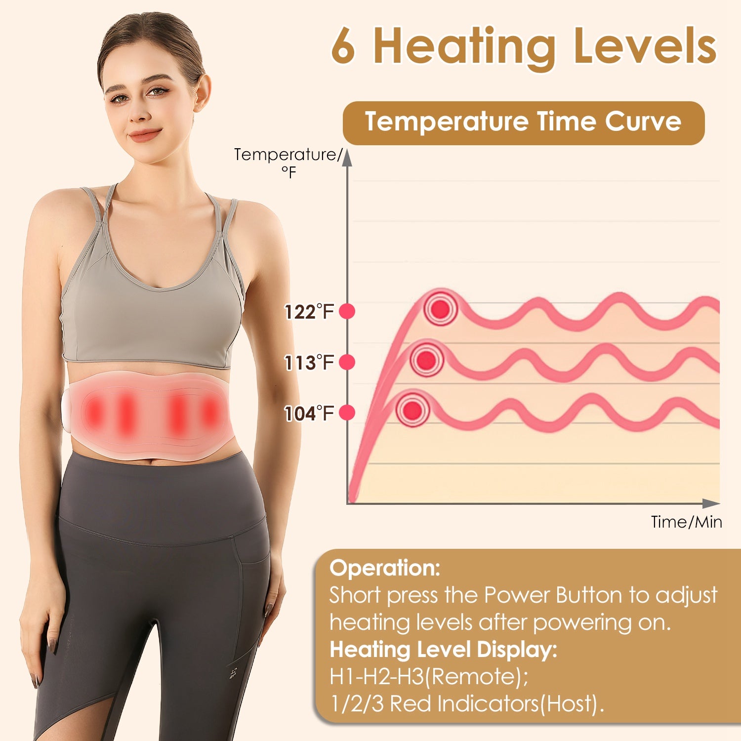 Cordless EMS lower back massager with heat, magnetic host, and adjustable strap shown in white and gray.
