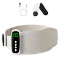 Cordless EMS lower back massager with heat, magnetic host, and adjustable strap shown in white and gray.