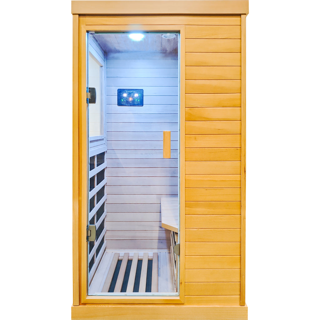 Aurora Standard‑S Solo 1‑person infrared sanctuary made of hemlock with tempered glass door