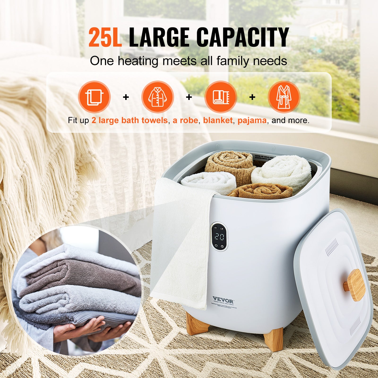 25L electric towel warmer with modern design, shown with towels placed inside for home or spa use.