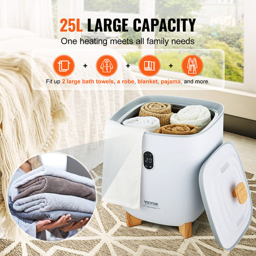 25L electric towel warmer with modern design, shown with towels placed inside for home or spa use.