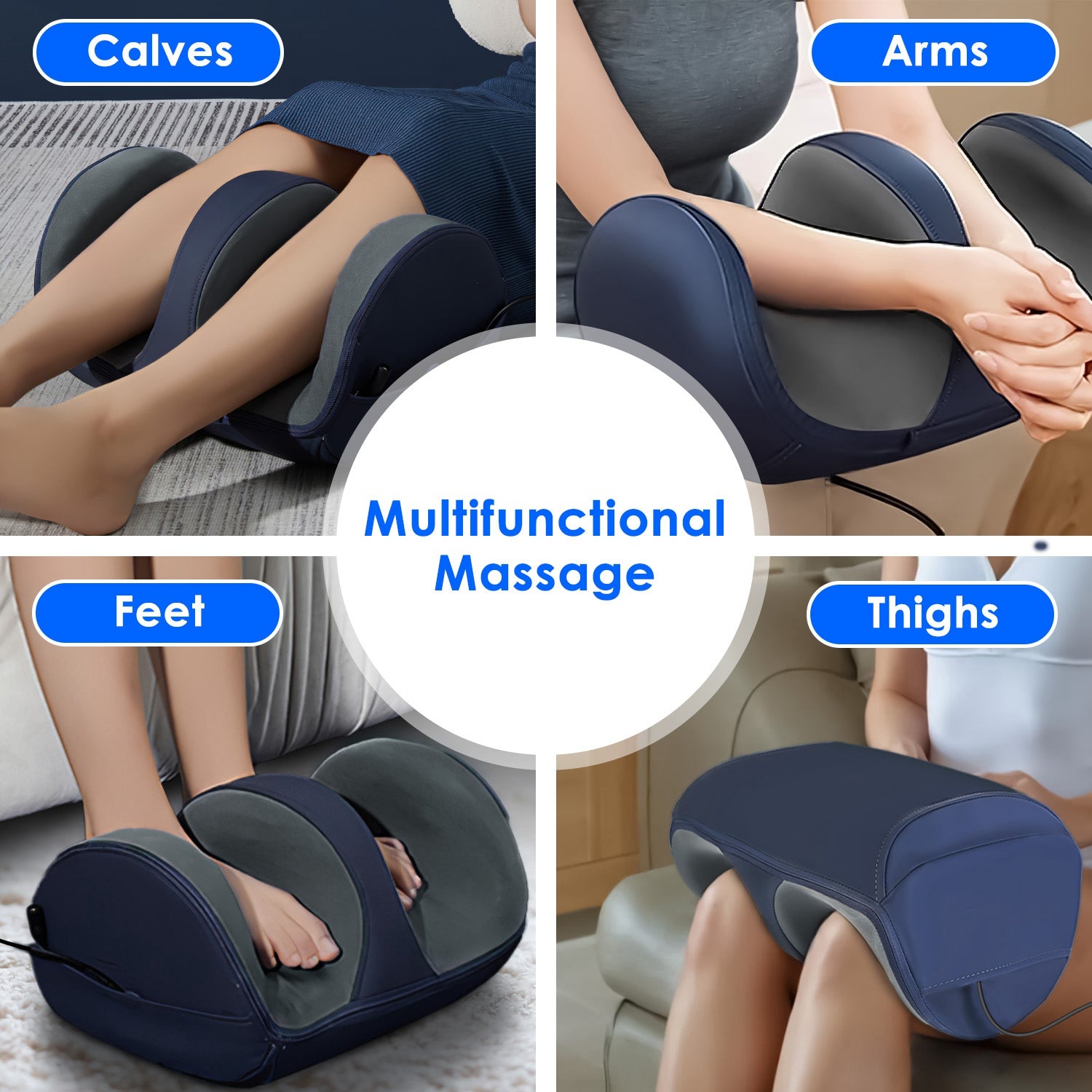 Shiatsu foot and calf massager with heat, enclosed chamber design, and digital controls in a modern home setting.