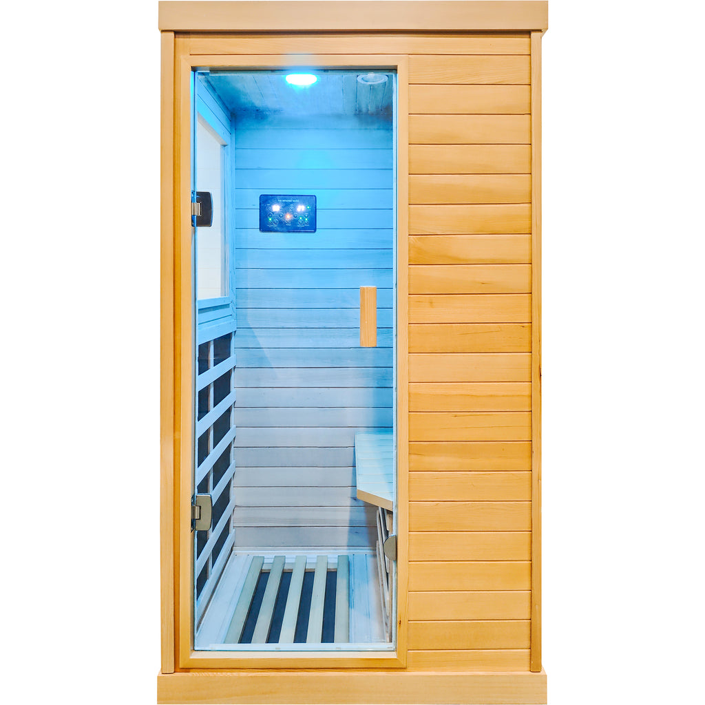 Aurora Standard‑S Solo 1‑person infrared sanctuary made of hemlock with tempered glass door