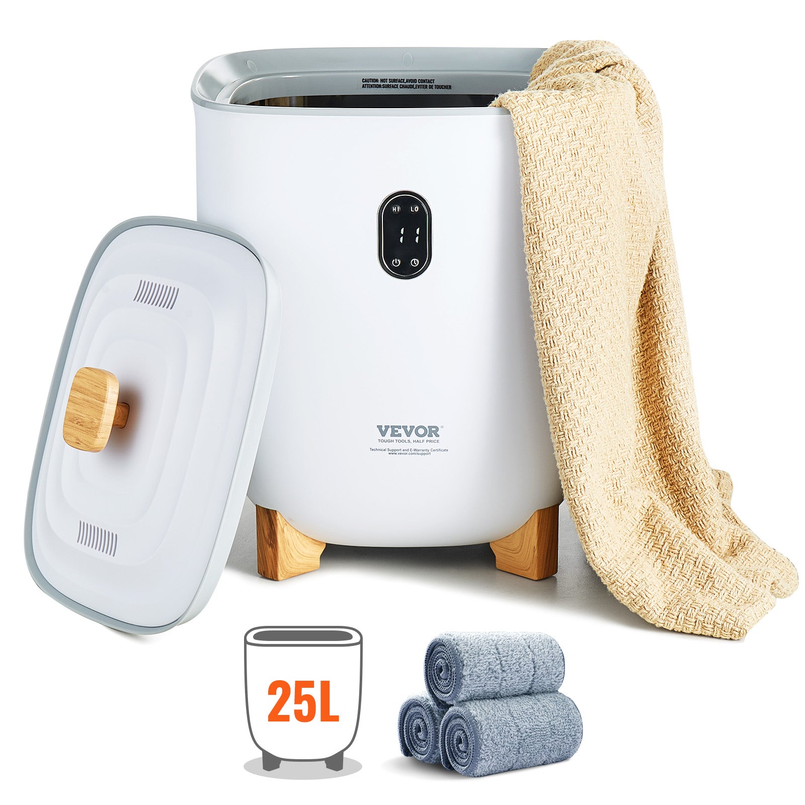 25L electric towel warmer with modern design, shown with towels placed inside for home or spa use.