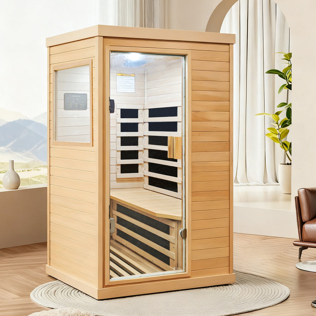 Aurora Standard‑S Solo 1‑person infrared sanctuary made of hemlock with tempered glass door