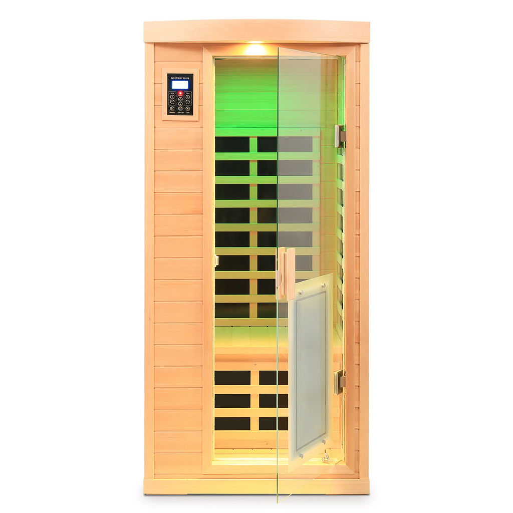 Aurora Vista 1-person infrared sanctuary with panoramic glass and hemlock construction