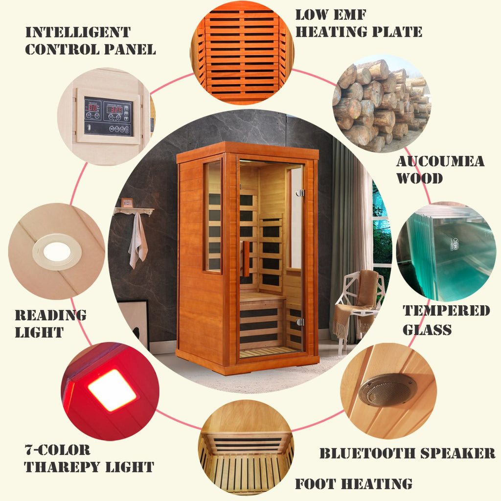 Aurora Elemental Solo 1-person infrared sanctuary made of red cedar with full-height tempered glass