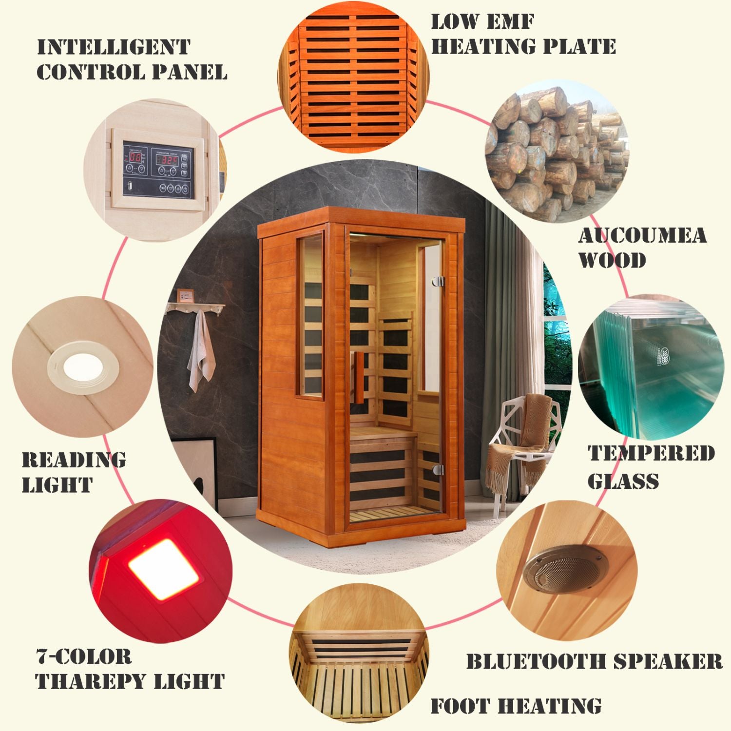 Aurora Elemental Solo 1-person infrared sanctuary made of red cedar with full-height tempered glass