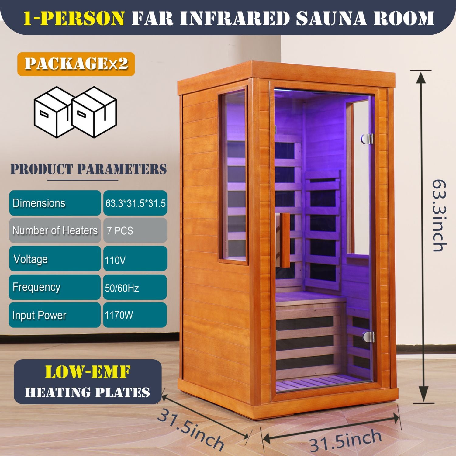 Aurora Elemental Solo 1-person infrared sanctuary made of red cedar with full-height tempered glass