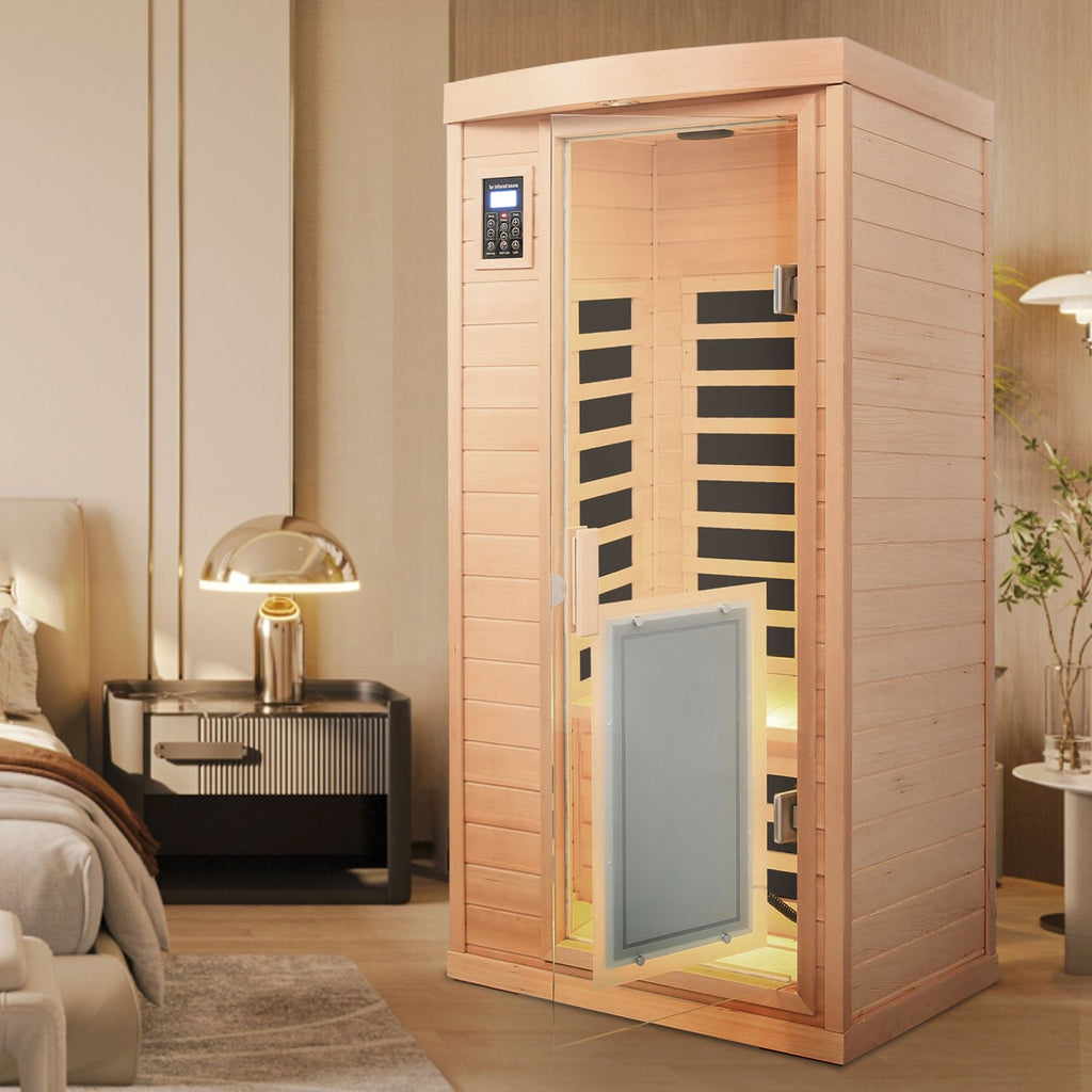 Aurora Vista 1-person infrared sanctuary with panoramic glass and hemlock construction