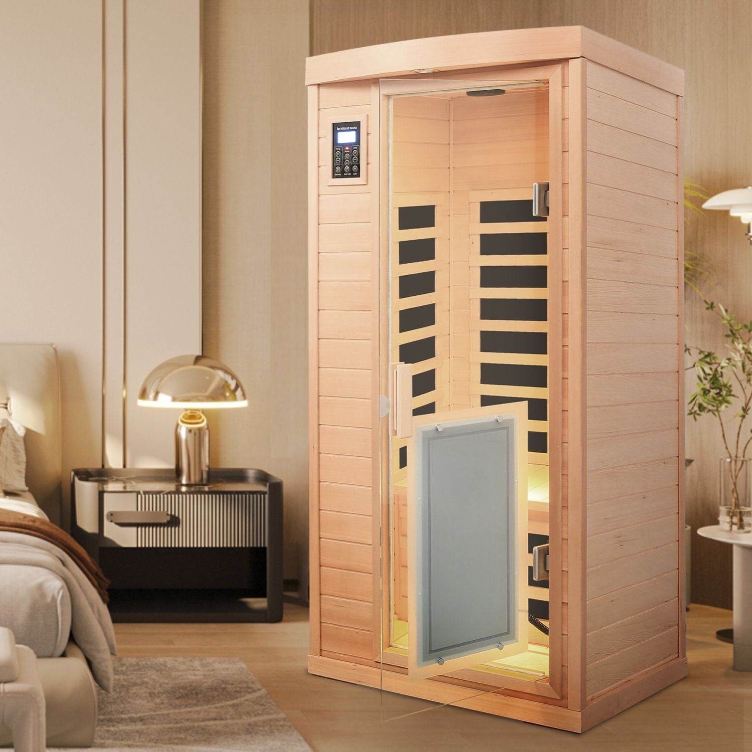 Aurora Vista 1-person infrared sanctuary with panoramic glass and hemlock construction
