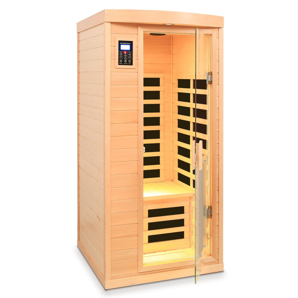 Aurora Vista 1-person infrared sanctuary with panoramic glass and hemlock construction