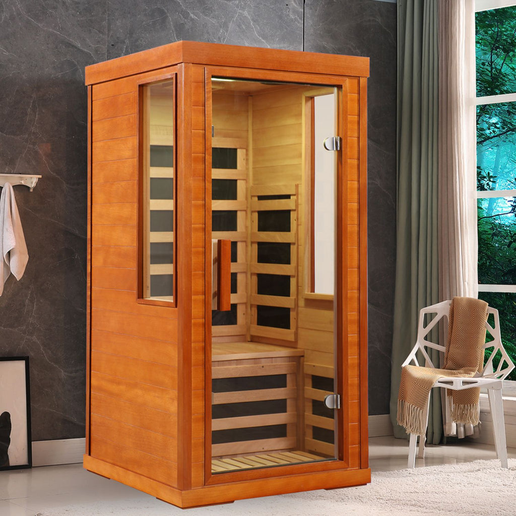 Aurora Elemental Solo 1-person infrared sanctuary made of red cedar with full-height tempered glass