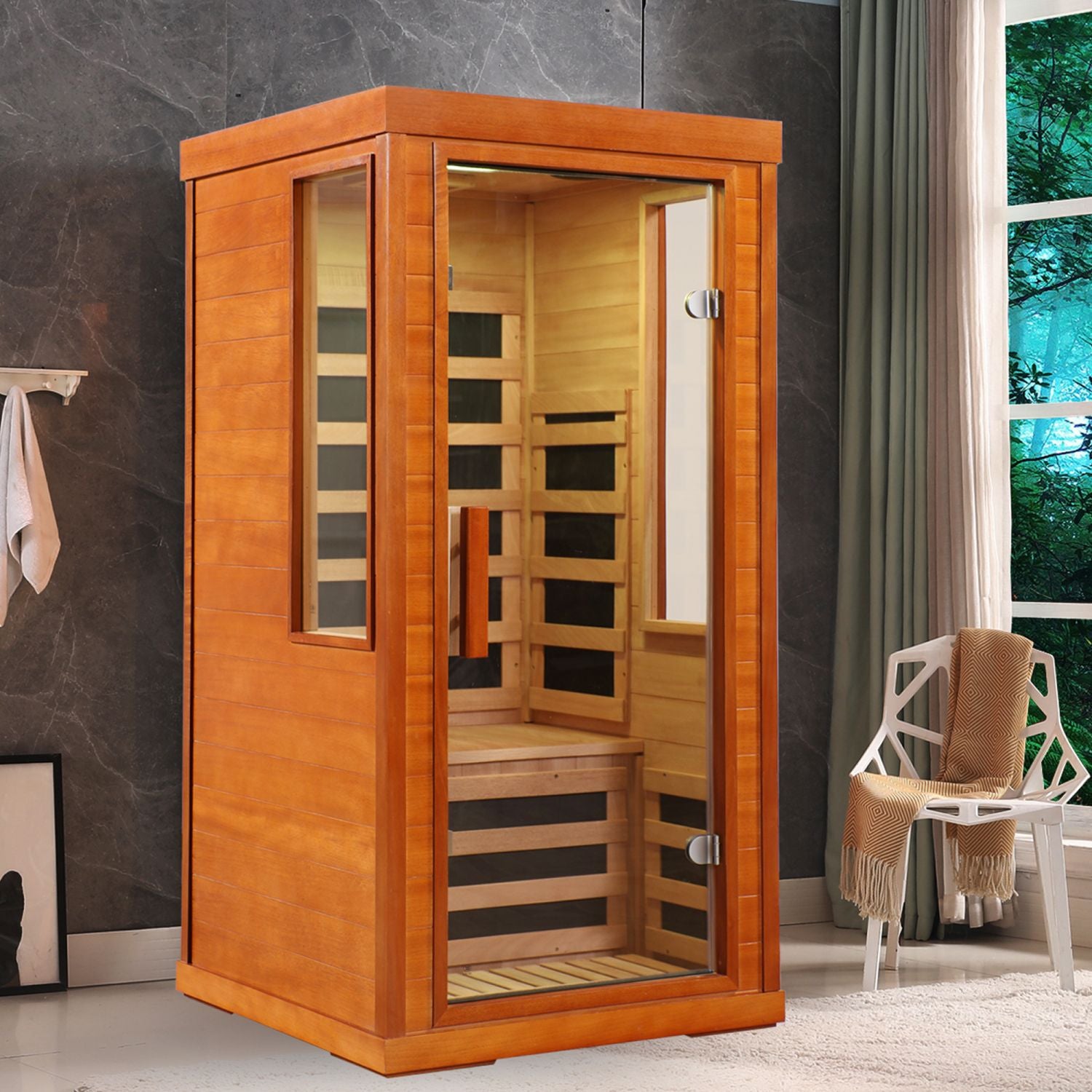 Aurora Elemental Solo 1-person infrared sanctuary made of red cedar with full-height tempered glass