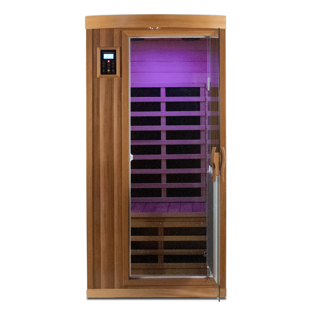 Aurora Deluxe 1-person infrared sanctuary made of red cedar with tempered glass door
