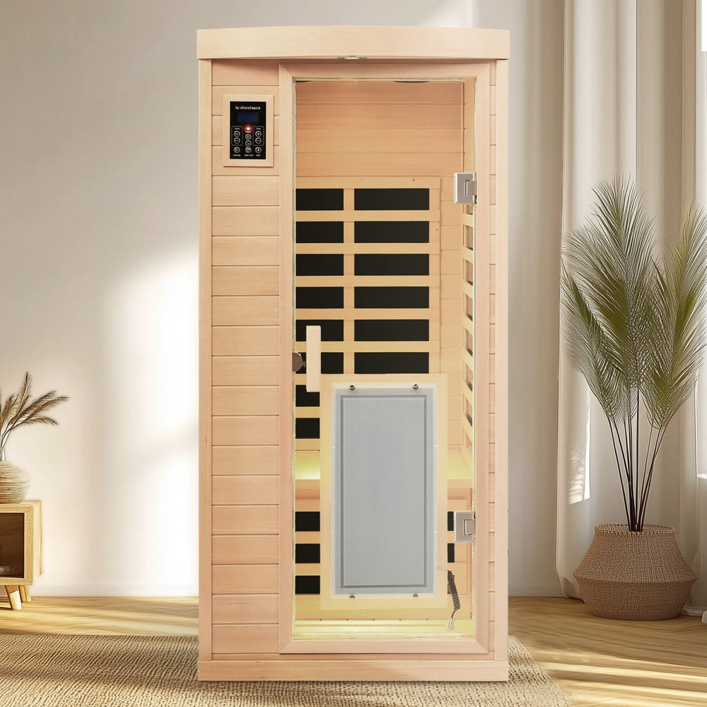 Aurora Vista 1-person infrared sanctuary with panoramic glass and hemlock construction