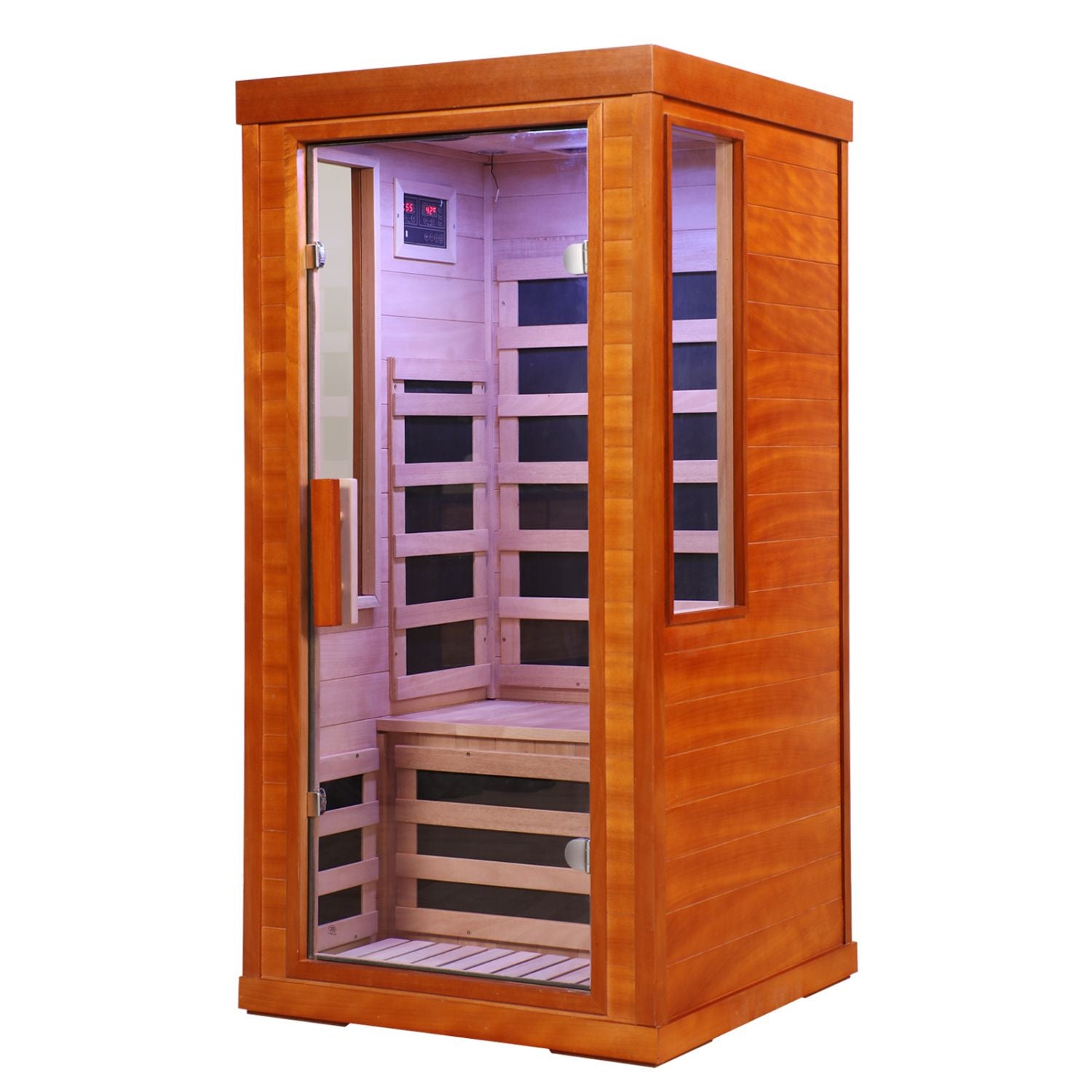 Aurora Elemental Solo 1-person infrared sanctuary made of red cedar with full-height tempered glass