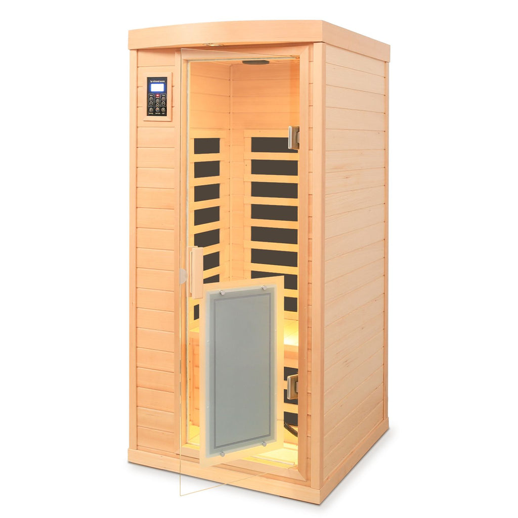 Aurora Vista 1-person infrared sanctuary with panoramic glass and hemlock construction