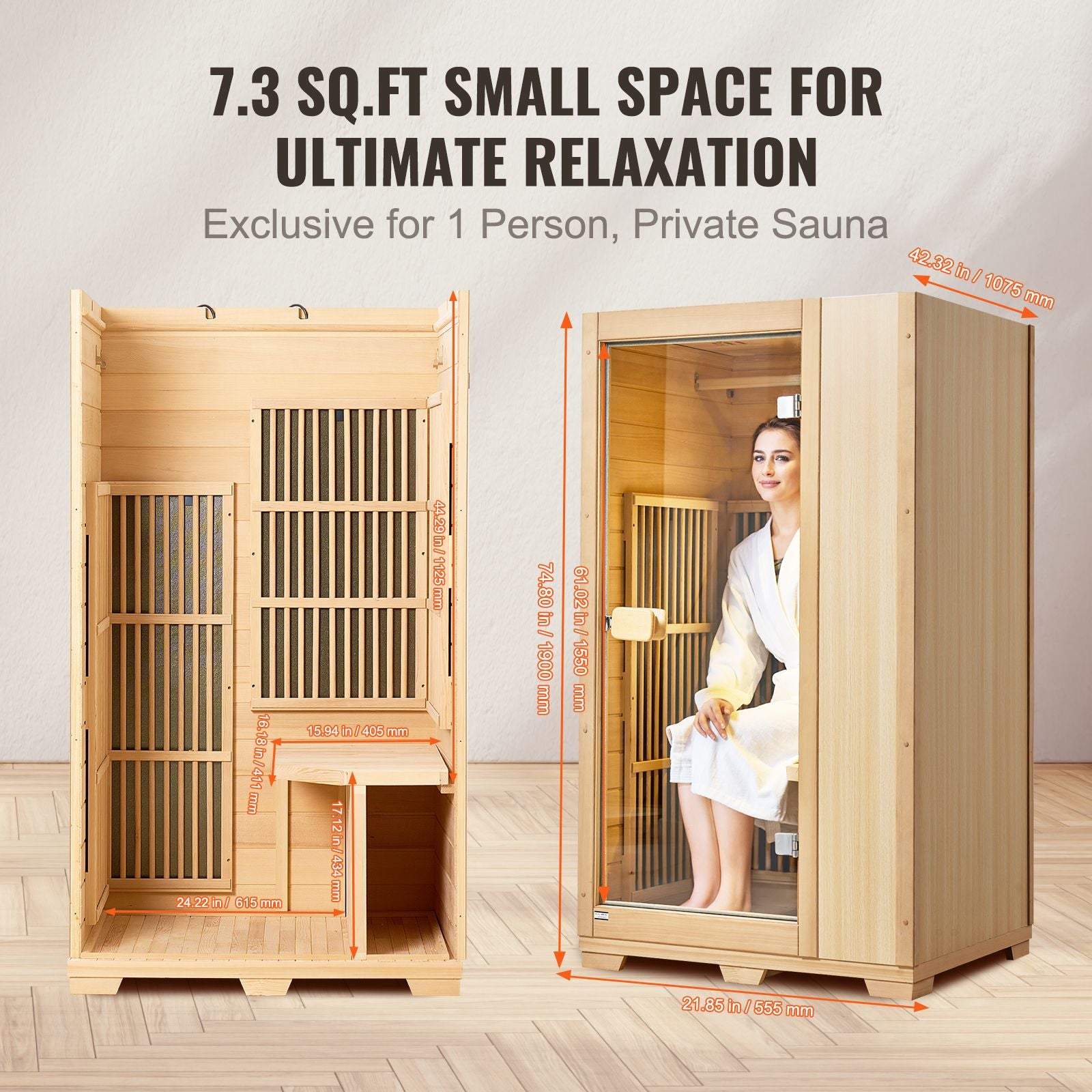 Aurora Vista Solo 1-person infrared sanctuary with full-glass facade and hemlock construction