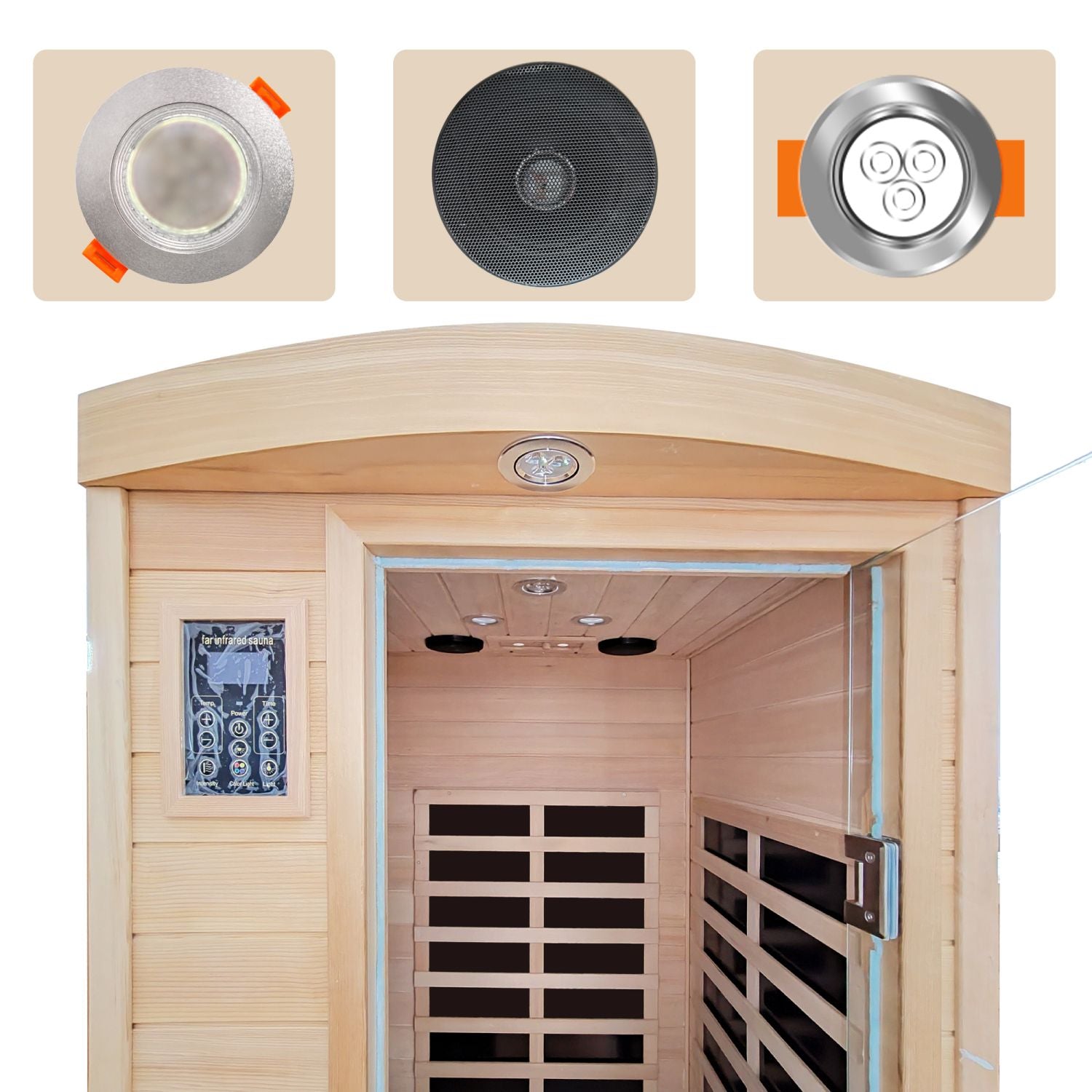 Aurora Vista 1-person infrared sanctuary with panoramic glass and hemlock construction