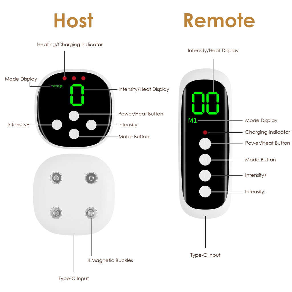 Cordless EMS lower back massager with heat, magnetic host, and adjustable strap shown in white and gray.