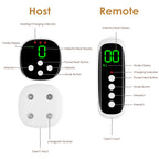 Cordless EMS lower back massager with heat, magnetic host, and adjustable strap shown in white and gray.