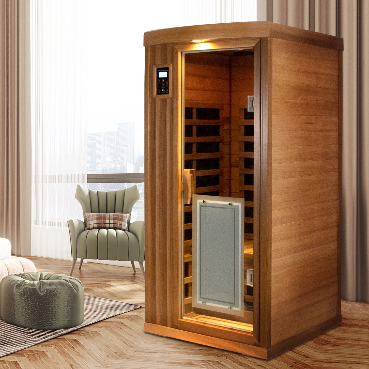 Aurora Deluxe 1-person infrared sanctuary made of red cedar with tempered glass door