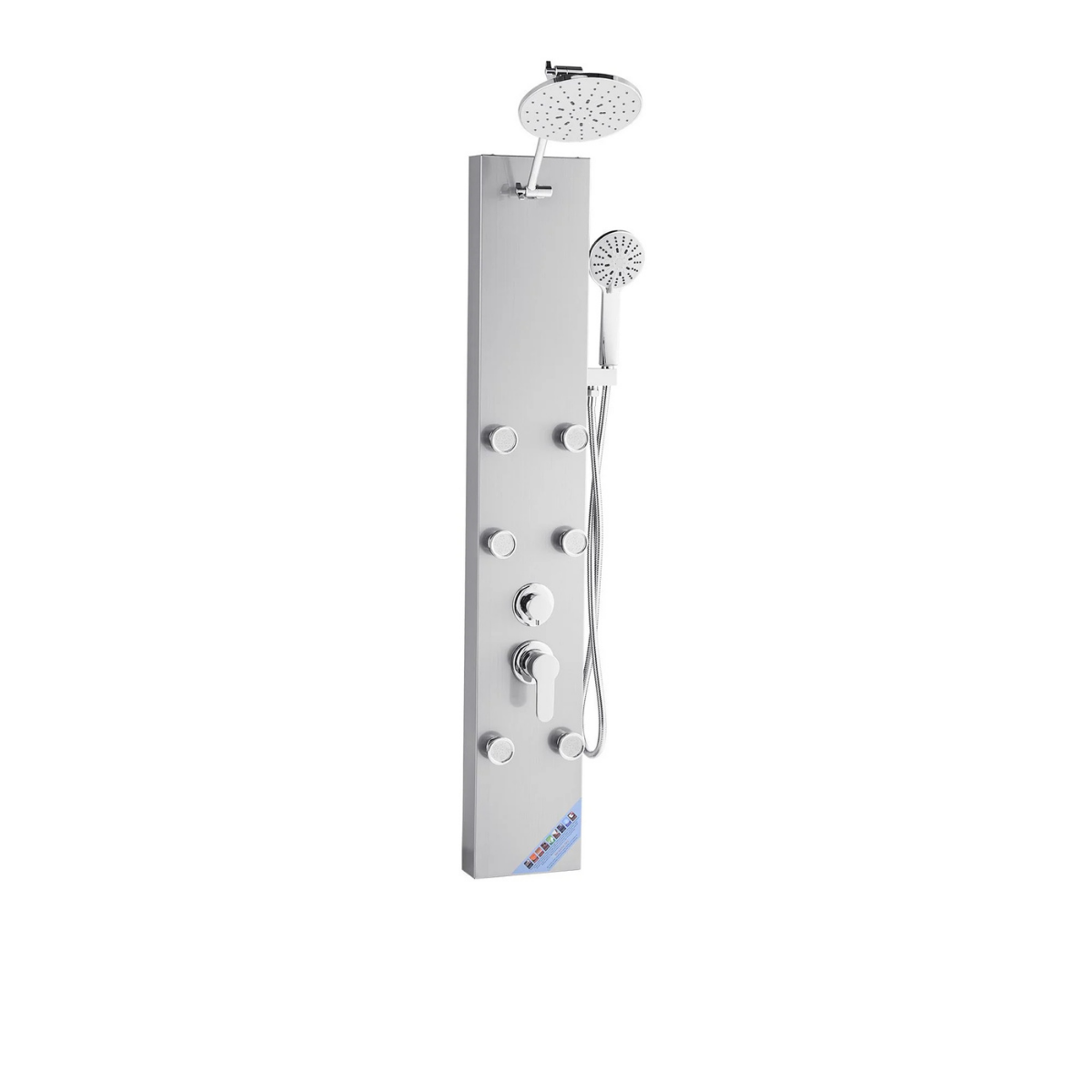Front-facing architectural profile of the Aurora III Core Recovery Tower in brushed stainless steel, featuring the signature circular rainfall head and a streamlined three-jet massage array.