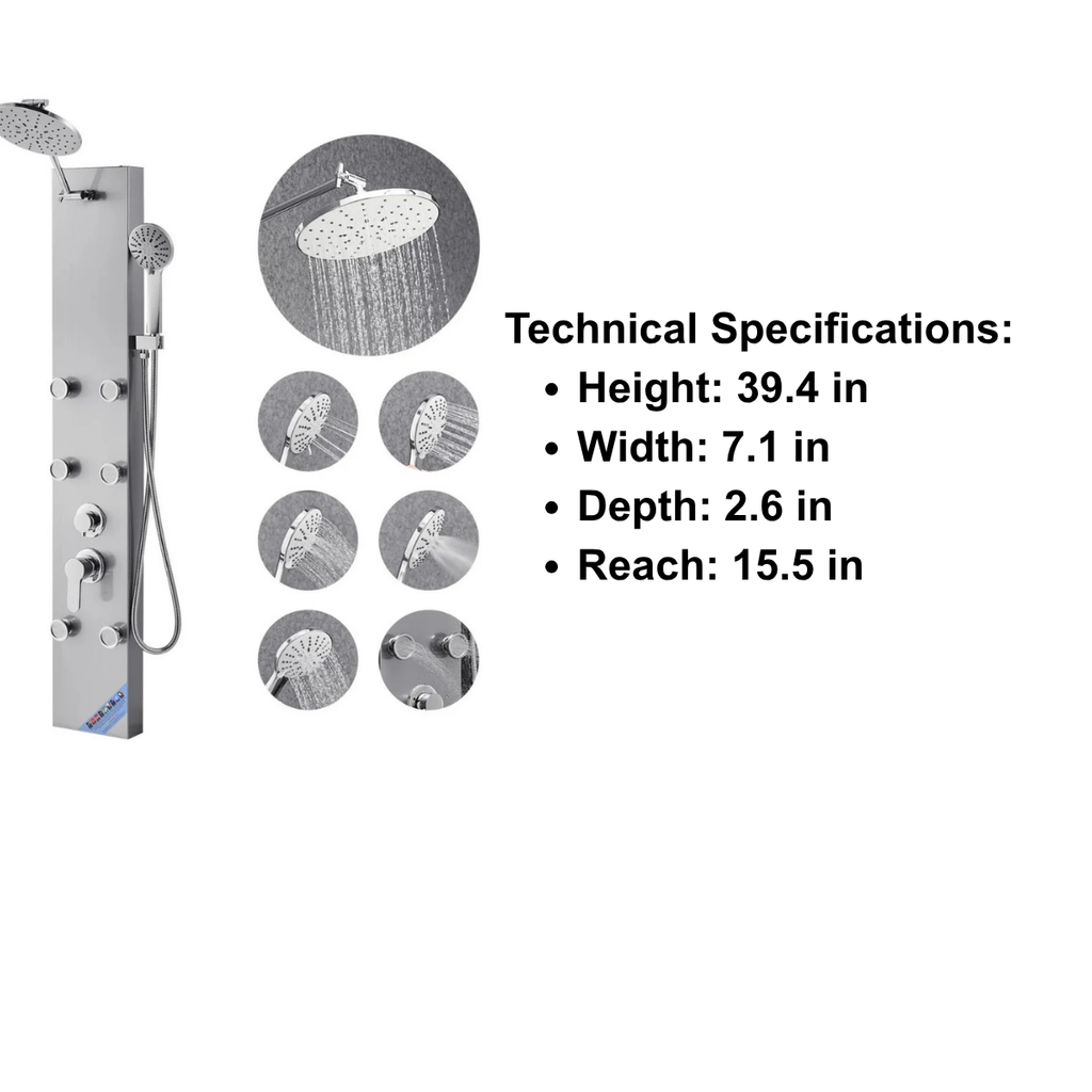 Primary architectural profile of the Aurora III Core Recovery Tower in brushed stainless steel, featuring the signature circular rainfall head and a streamlined three-jet massage array.