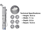 Primary architectural profile of the Aurora III Core Recovery Tower in brushed stainless steel, featuring the signature circular rainfall head and a streamlined three-jet massage array.
