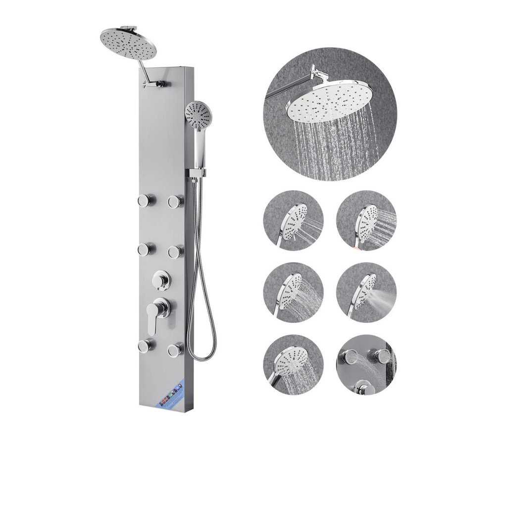 Primary architectural profile of the Aurora III 3-Function Core Recovery Tower in brushed stainless steel, featuring the signature circular rainfall canopy and high-efficiency massage jet array.
